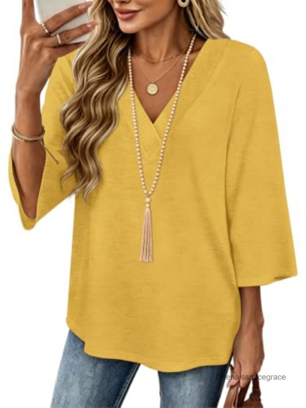 3/4 Sleeve Womens Tunic Top Boho V Neck Loose Fit Blouse